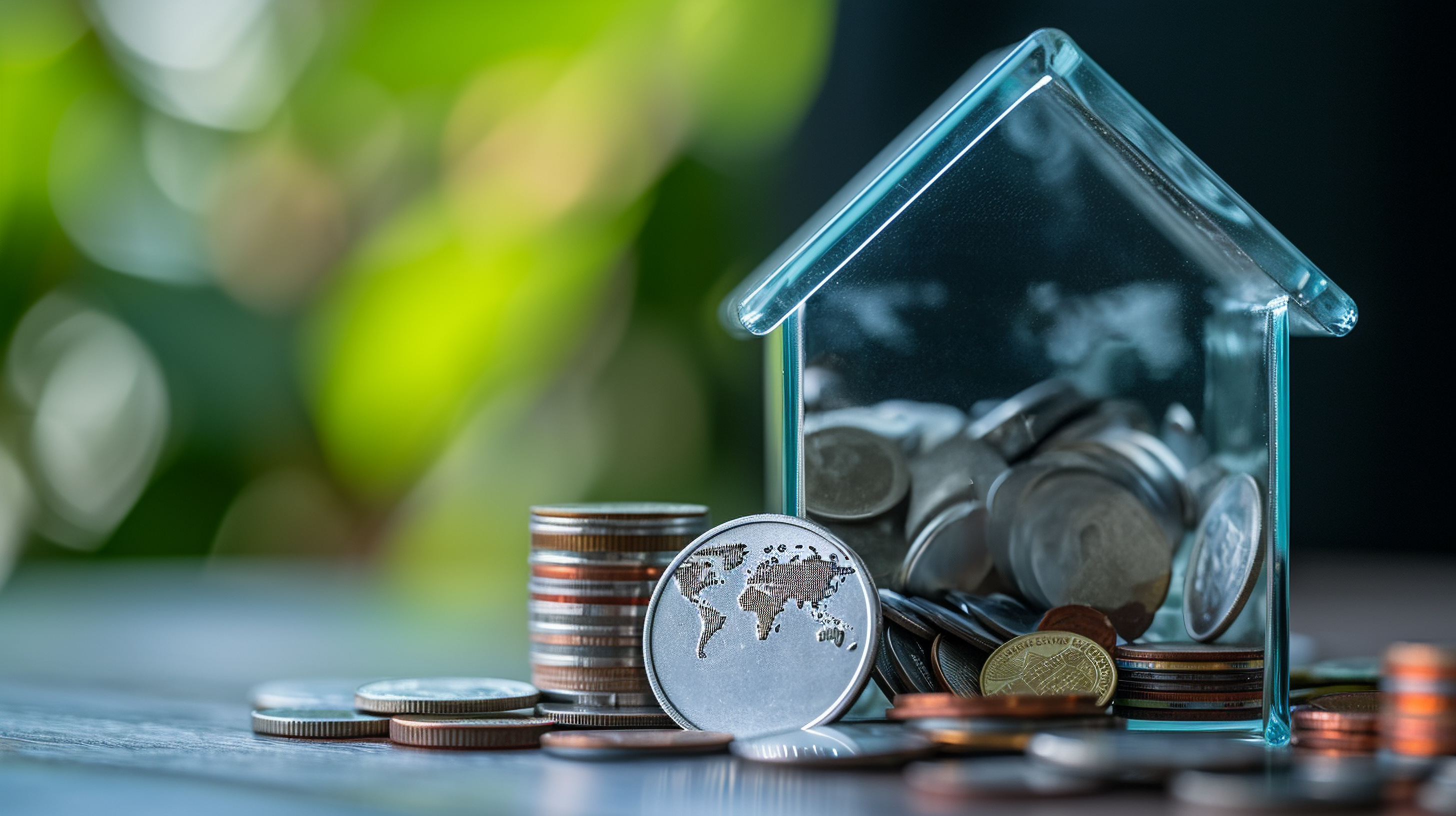 A house-shaped piggy bank with coins, one showing a map of the world.